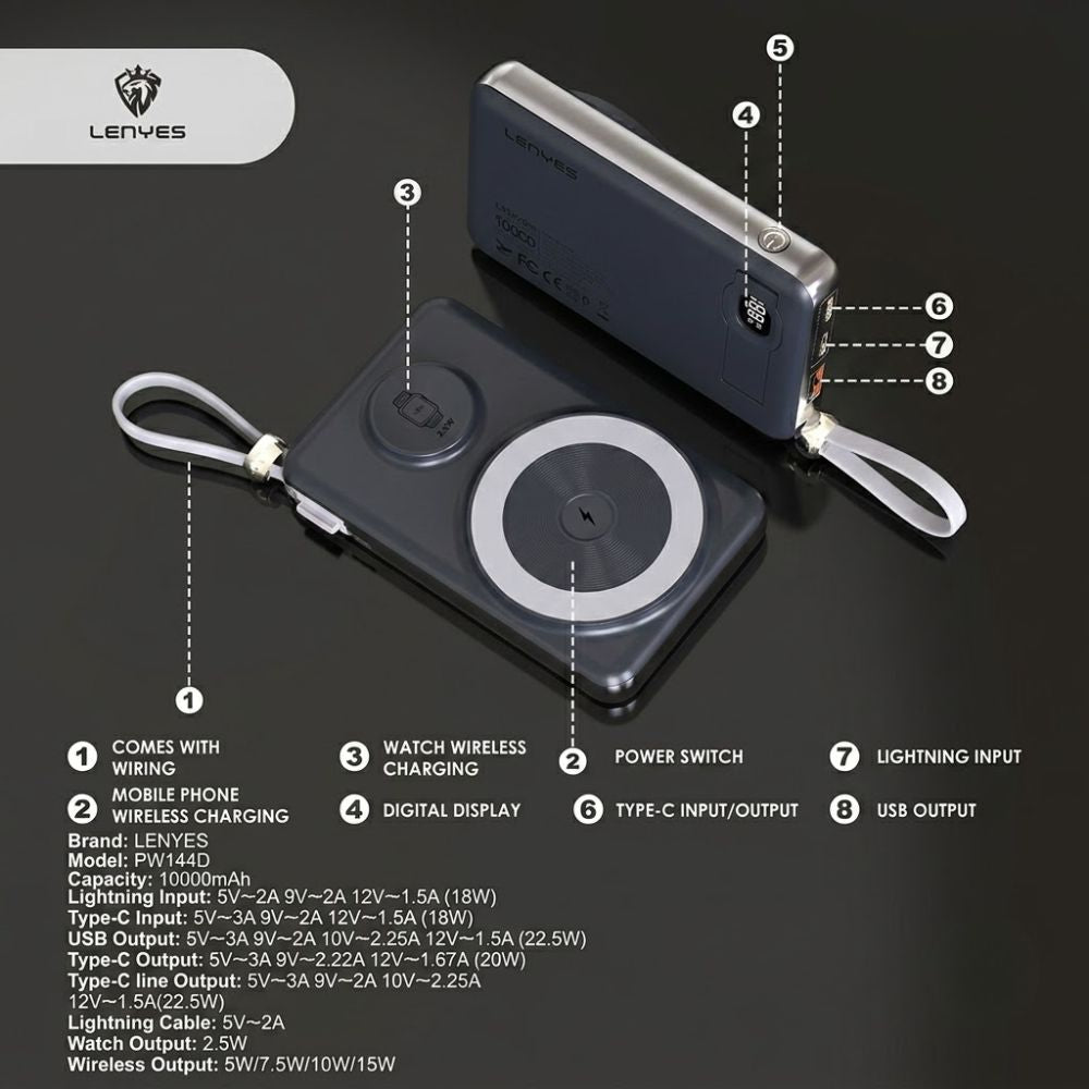 LENYES PW144D Magnetic 3 IN 1 Wireless Power Bank