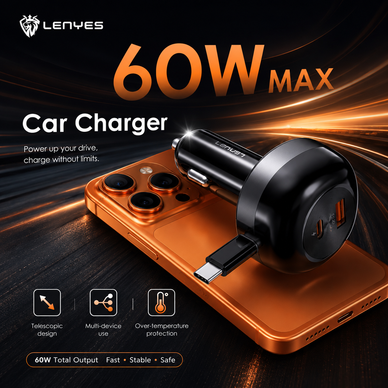 LENYES CA59 60W Retractable Car Charger | USB-C PD, QC 3.0 & Built-in Cable