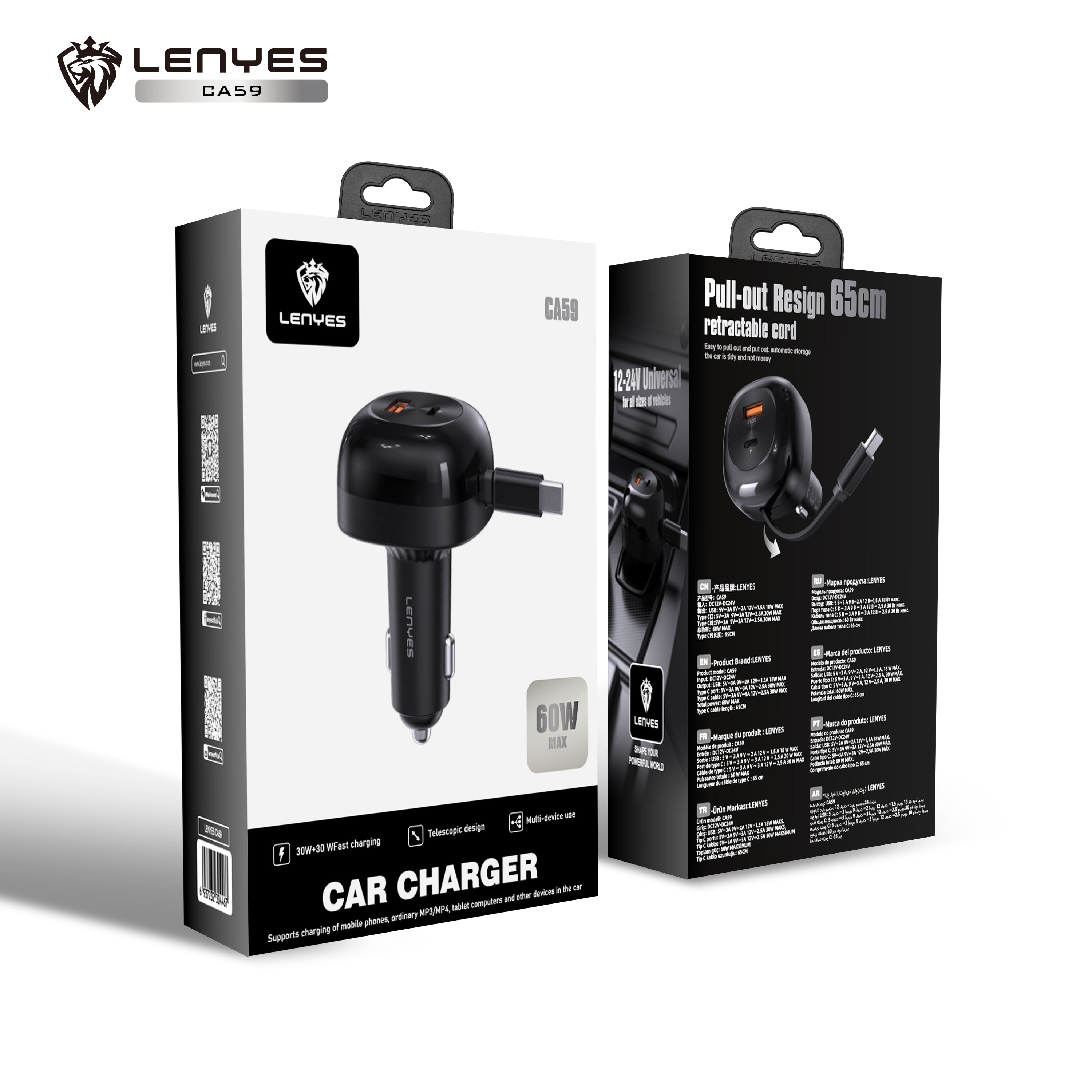 LENYES CA59 60W Retractable Car Charger | USB-C PD, QC 3.0 & Built-in Cable