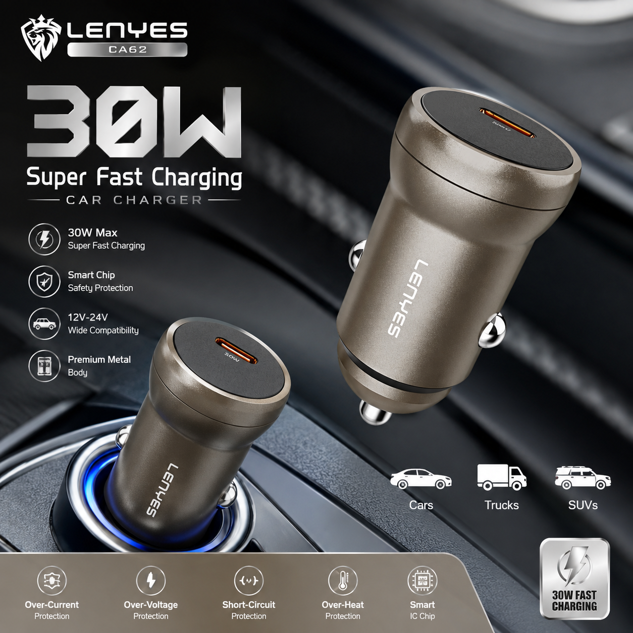 LENYES CA62 30W USB-C PD Car Charger | Aluminium Alloy Fast Charger