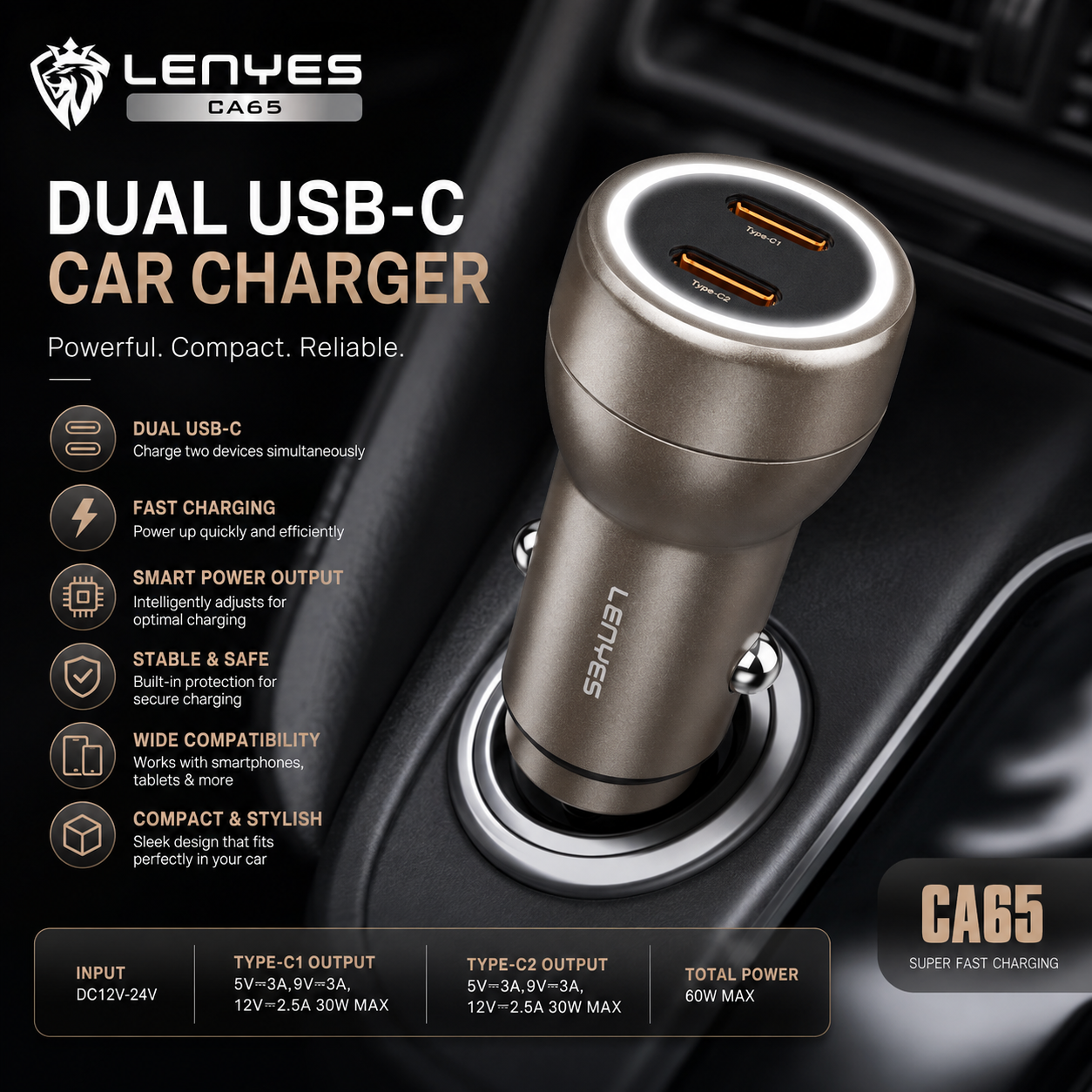 LENYES CA65 Dual USB-C Fast Charging Car Charger | Compact Car Charger