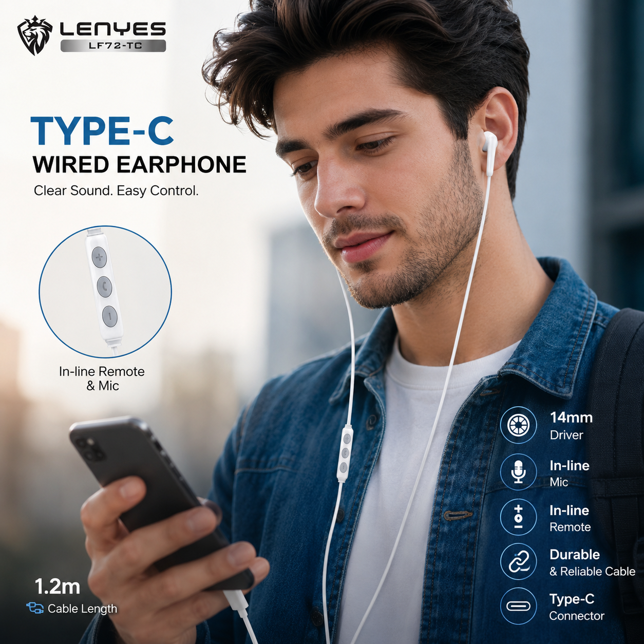 LENYES LF72-TC Type-C Wired Earphones | 14mm Drivers with Mic & Remote