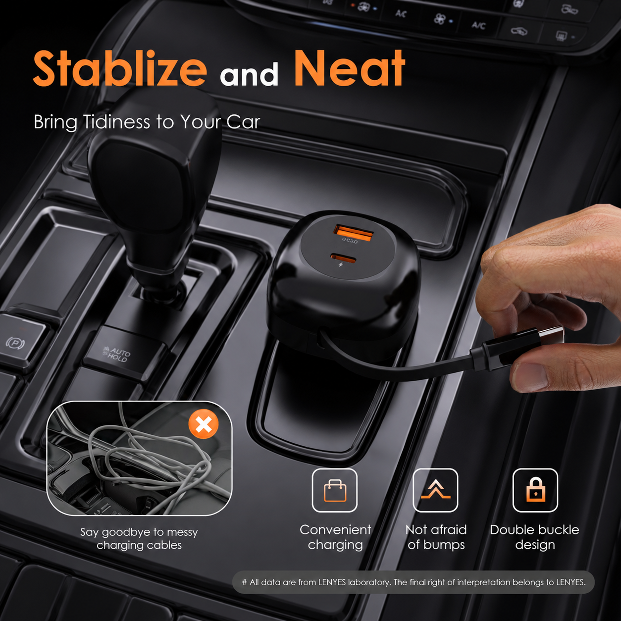 LENYES CA59 60W Retractable Car Charger | USB-C PD, QC 3.0 & Built-in Cable