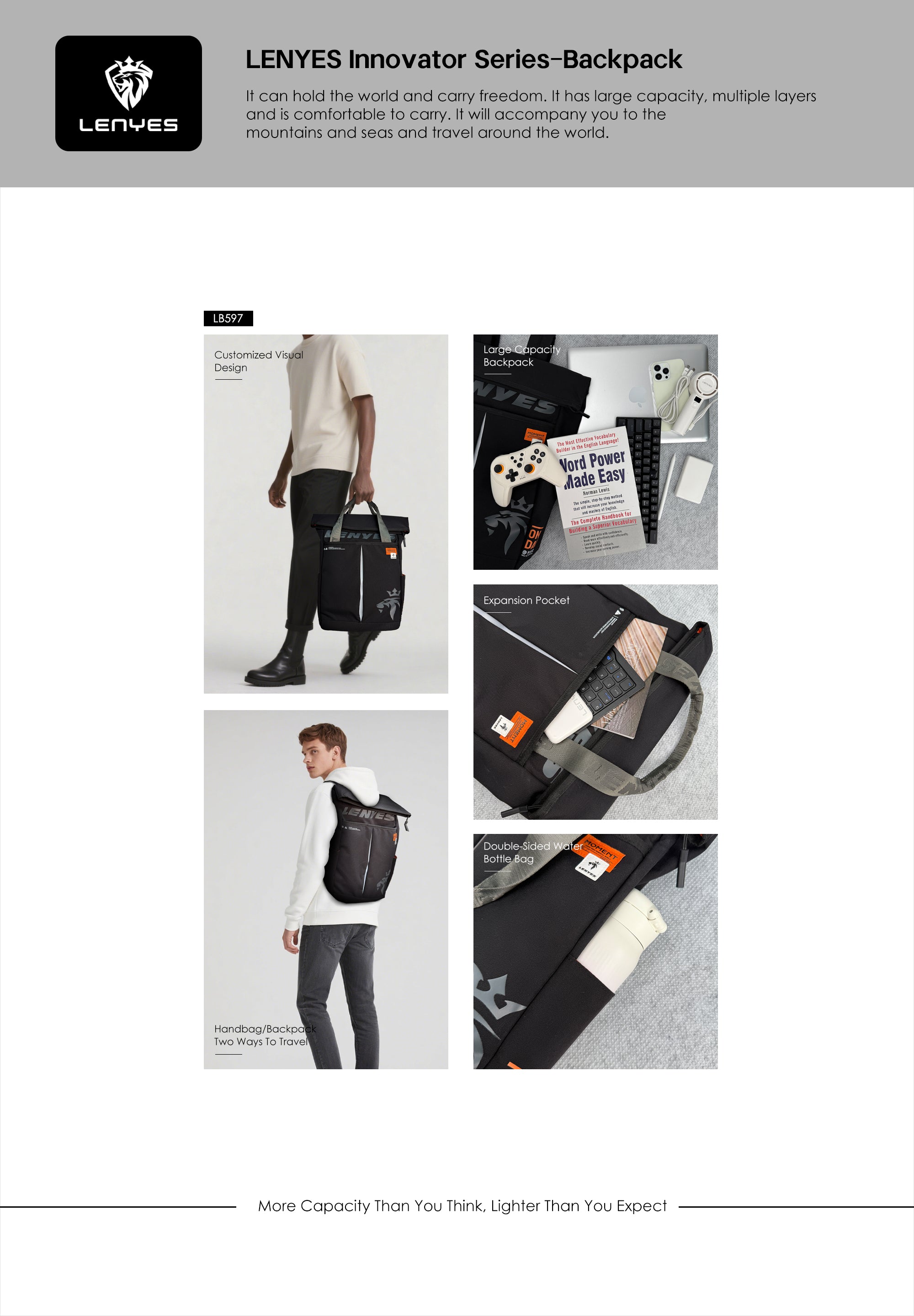 Lenyes LB597 2-in-1 Roll-Top Backpack