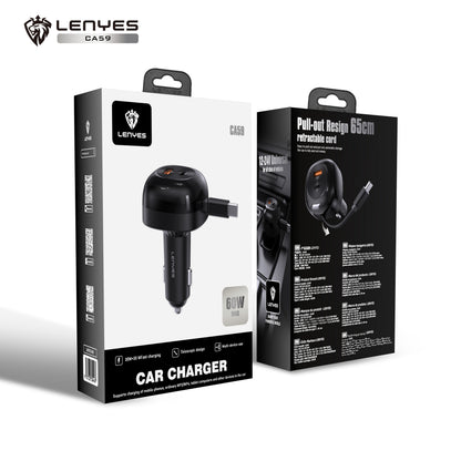 LENYES CA59 60W Retractable Car Charger | USB-C PD, QC 3.0 & Built-in Cable