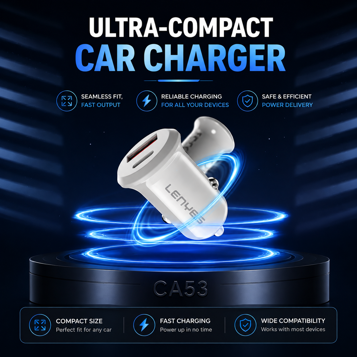 LENYES CA53 48W Dual Port Car Charger | 30W PD + 18W QC 3.0 Fast Charger