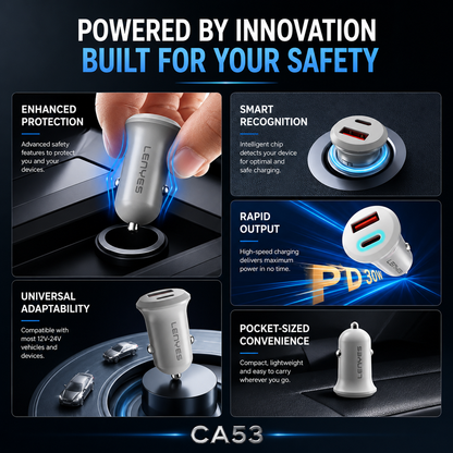 LENYES CA53 48W Dual Port Car Charger | 30W PD + 18W QC 3.0 Fast Charger