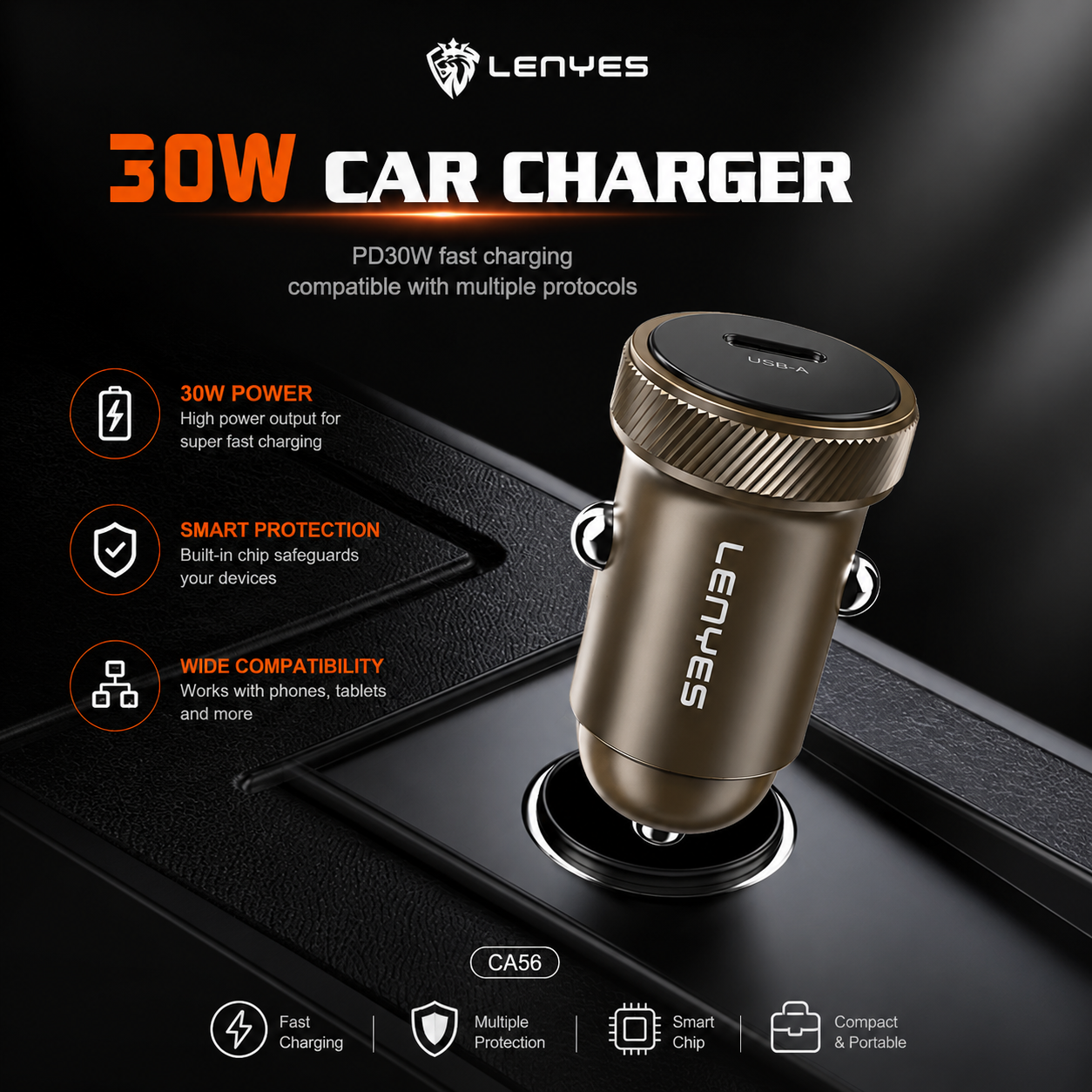 Lenyes CA56 (30W Type-C) Metal Car Charger