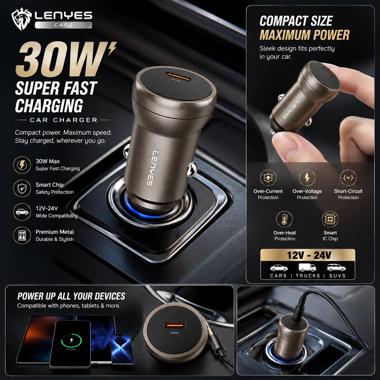 LENYES CA62 30W USB-C PD Car Charger | Aluminium Alloy Fast Charger