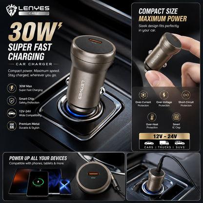 LENYES CA62 30W USB-C PD Car Charger | Aluminium Alloy Fast Charger