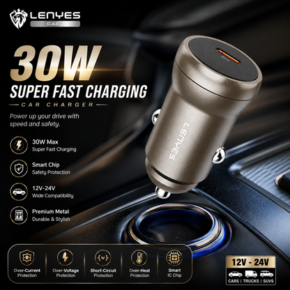 LENYES CA62 30W USB-C PD Car Charger | Aluminium Alloy Fast Charger