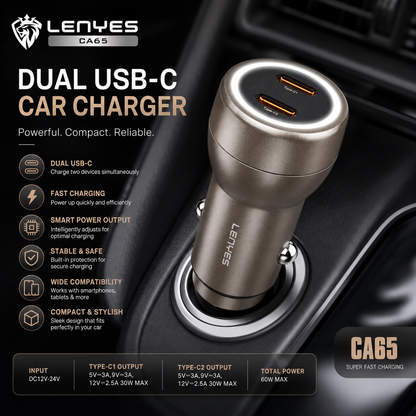 LENYES CA65 Dual USB-C Fast Charging Car Charger | Compact Car Charger