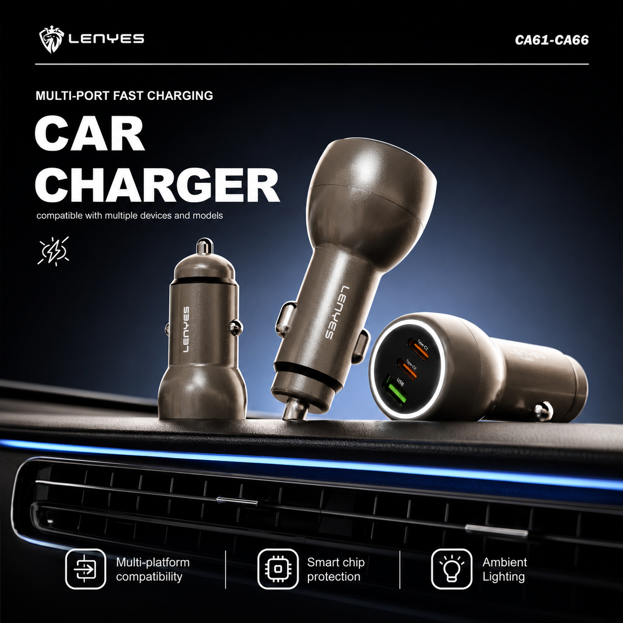 LENYES CA66 3-Port Car Charger | Dual USB-C Fast Charging + USB-A