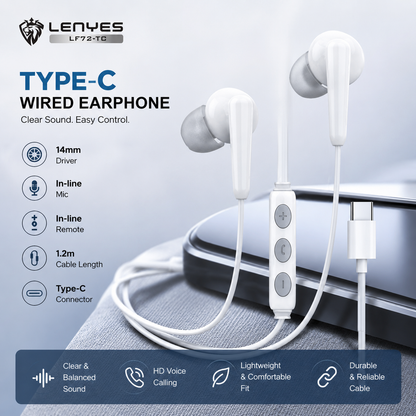 LENYES LF72-TC Type-C Wired Earphones | 14mm Drivers with Mic & Remote