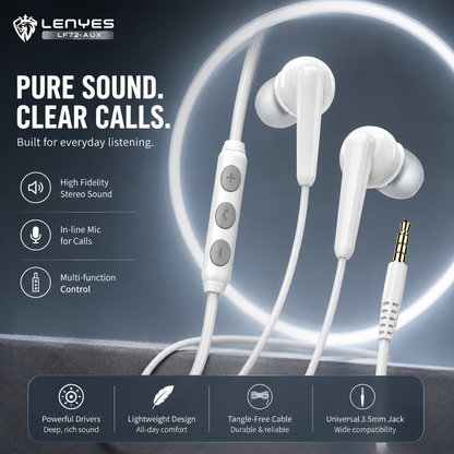 LENYES LF72-AUX Wired Earphones | 14mm Drivers with Mic & Remote
