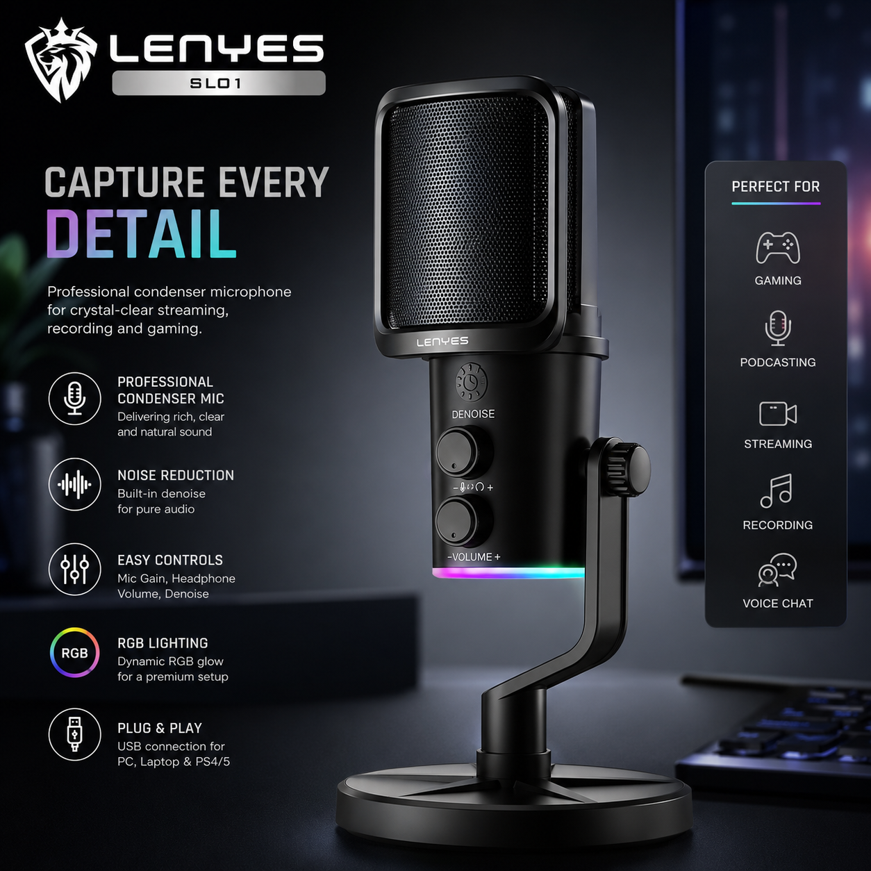 LENYES SL01 RGB Streaming Podcast Microphone